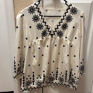 SHEIN Cream and Black Floral Blouse